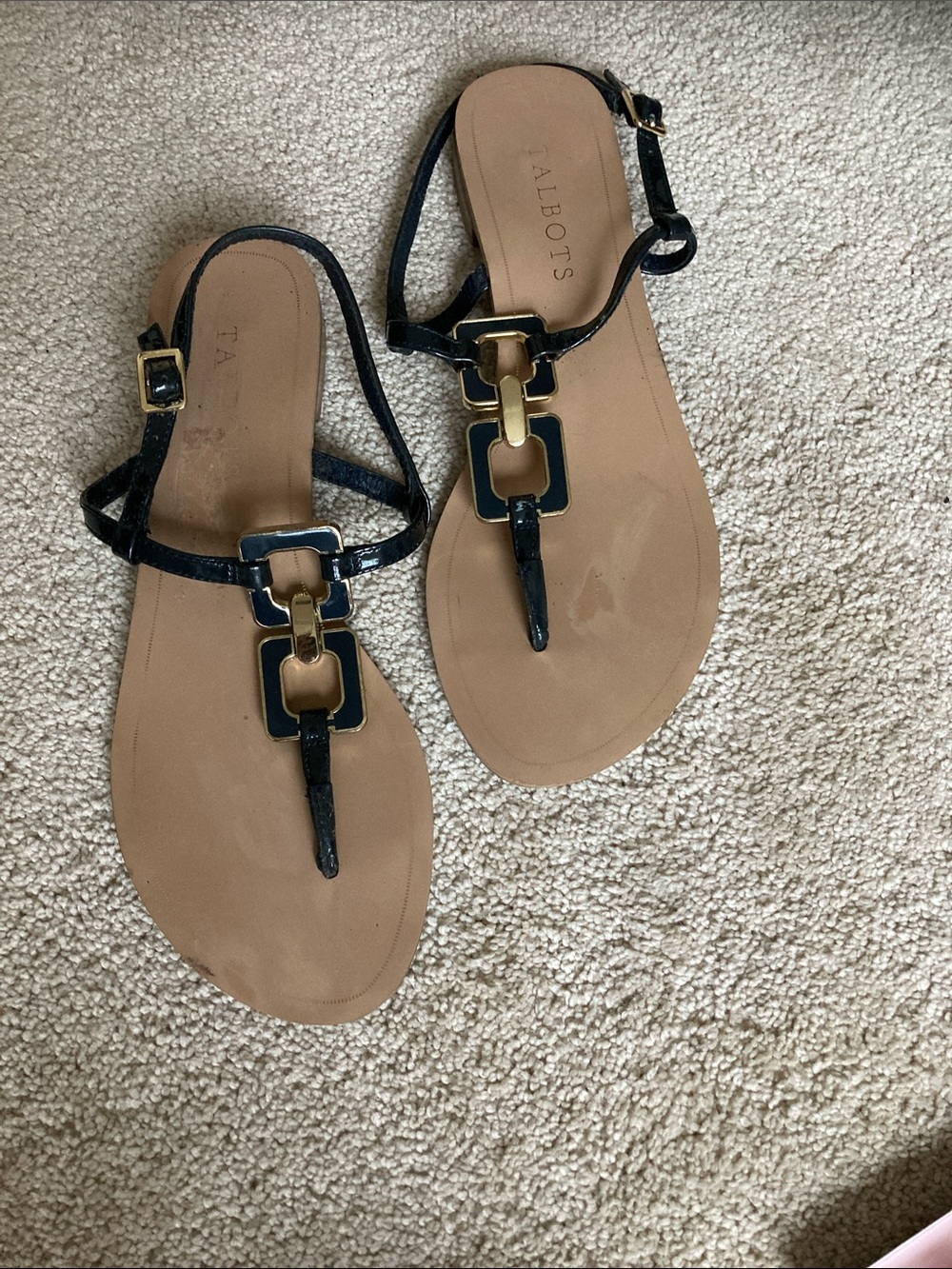 Talbots Black Leather T-Strap Sandals with Gold Links